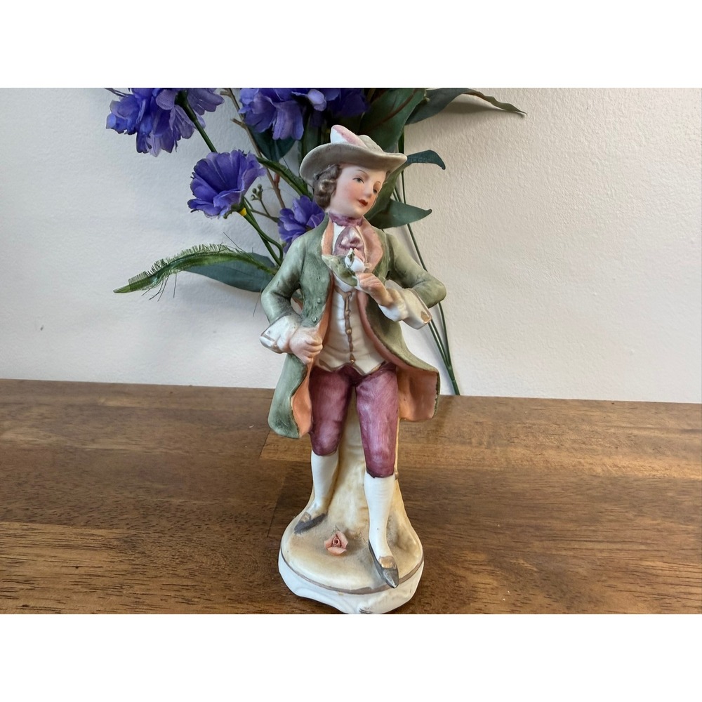 Vintage Porcelain Gentleman Figurine Cavalier Dandy Applied Roses Flocked